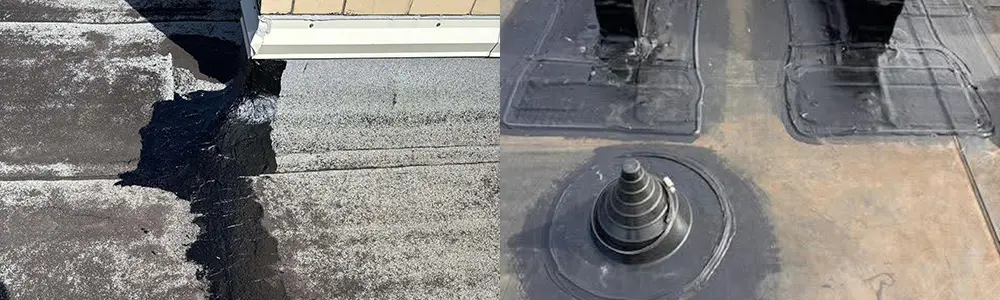 Roof leak commercial roofing repairs on flat roof in Flint.