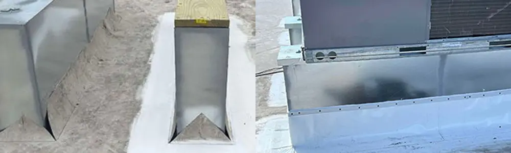 Commercial roofing repairs for RTUs curbs using PVC flat roofing membrane.