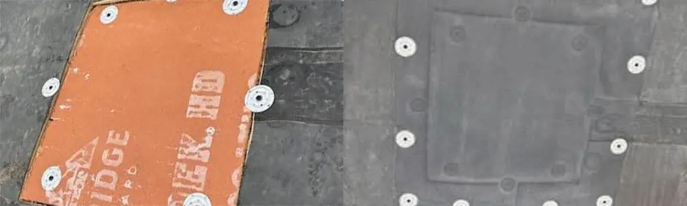 Large flat roofing patch on EPDM roofing performed by Ideal Roofing's Commercial roof leak repairs in Flint Michigan.