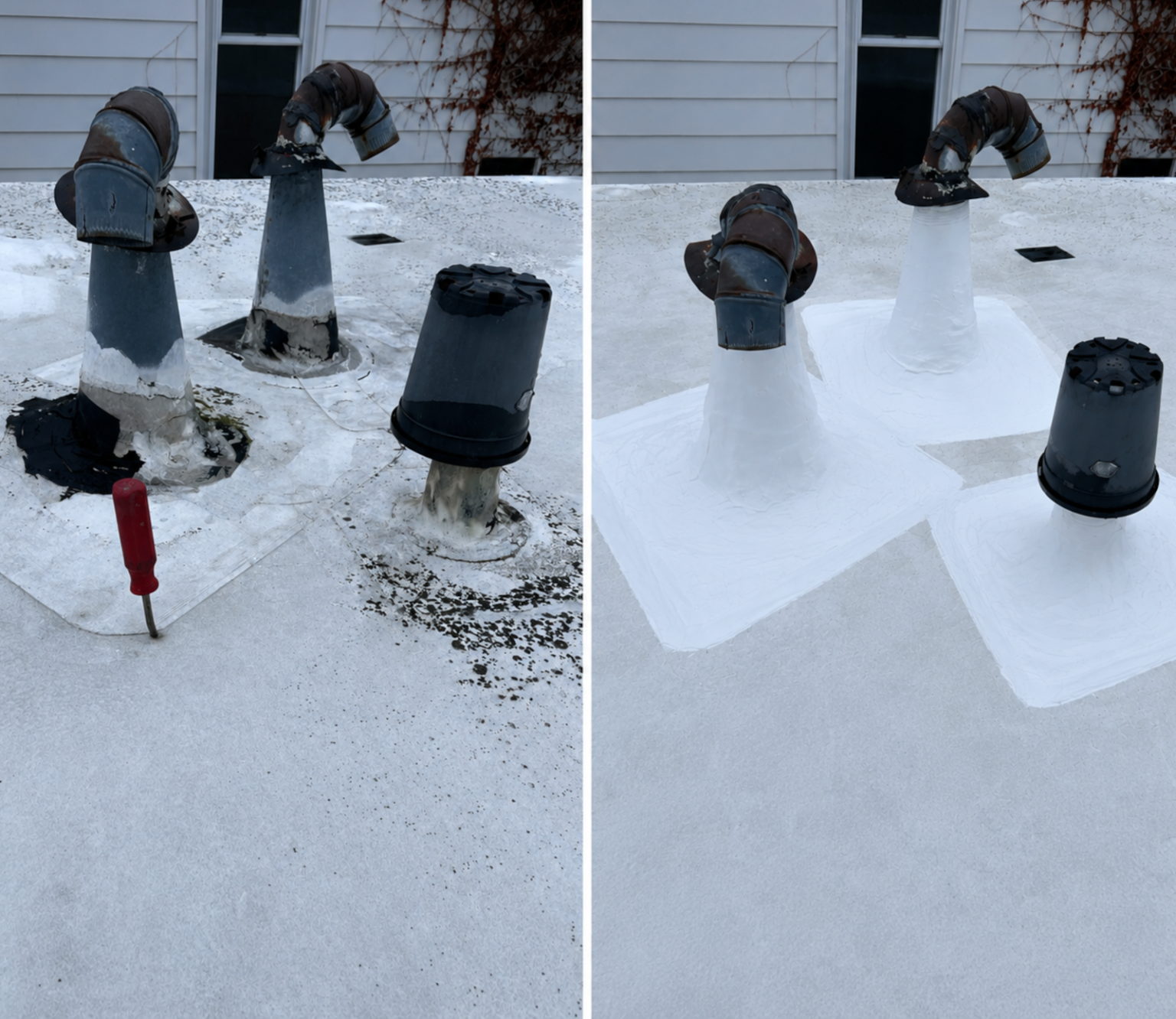Commercial roof repair before and after restoring deteriorated vent flashing on a flat roofing system.
