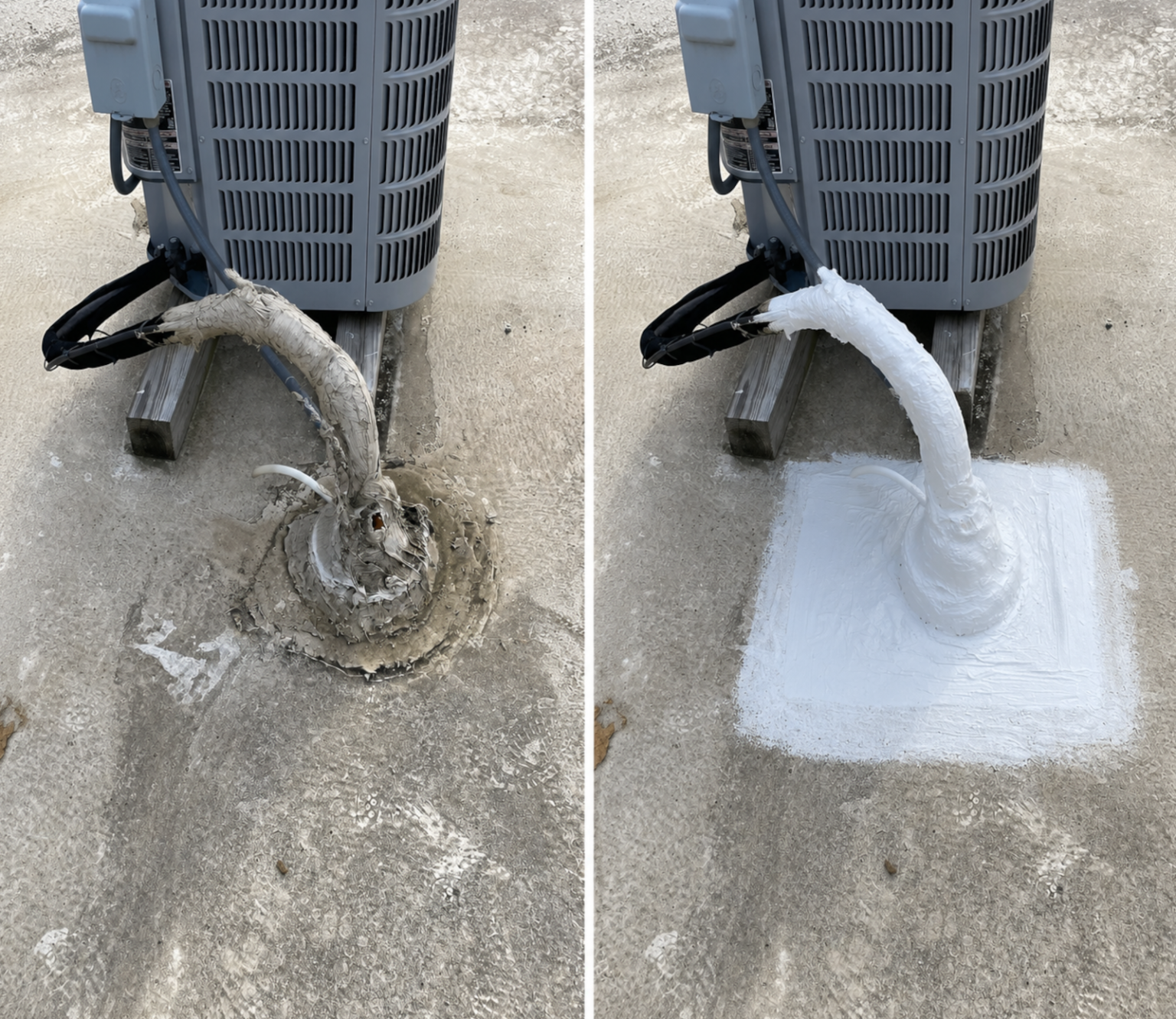 Commercial roof repair before and after sealing HVAC refrigerant line penetration flashing on a flat roof.