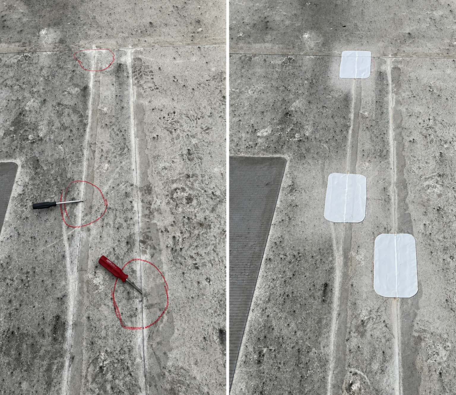 Commercial roof repair before and after reinforcing damaged membrane seams with repair patches to prevent leaks.