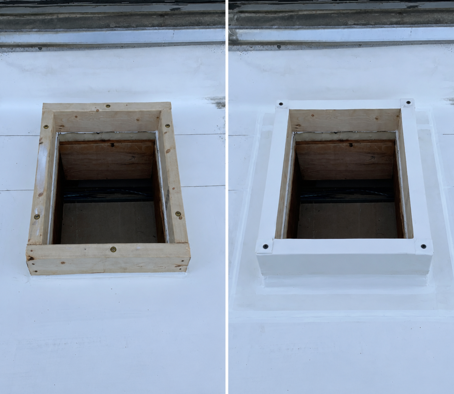 Commercial roof repair before and after waterproofing a roof curb with reinforced flashing membrane.