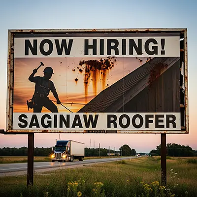 Now hiring commercial roofer Saginaw sign next to the expressway with a semi driving by.
