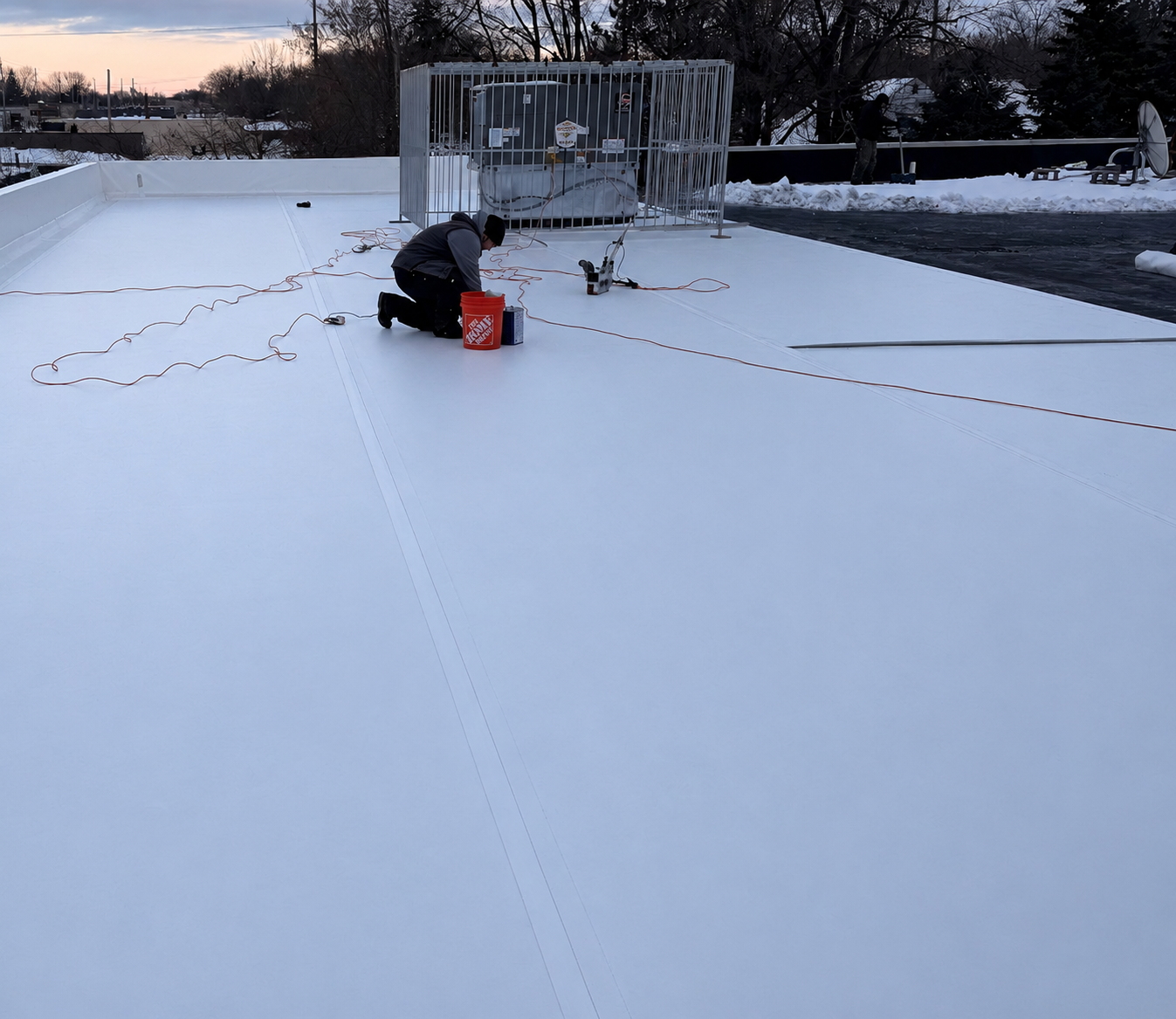 Commercial roofing contactor installing a new Duro Last roofing membrane in Michigan.