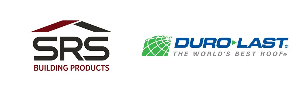 SRS and Duro Last logos that show Ideal Roofing uses these suppliers for our metal residential roof replacements in Flint.