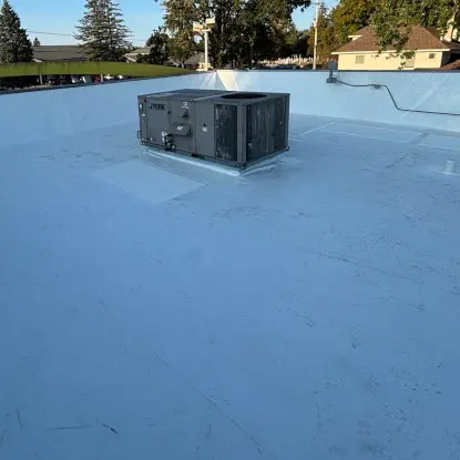 New Duro last PVC flat roof membrane freshly installed on a commercial flat roof in Flint Michigan.