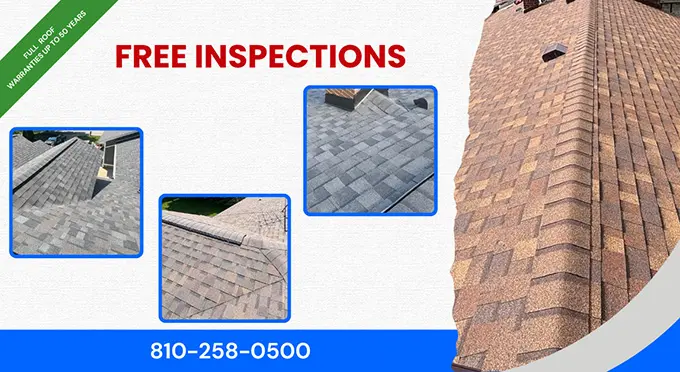 Pretty flyer that displays multiple roof of homes that the roofing contractor Ideal Roofing replaced and repaired in Flint and Central Michigan.