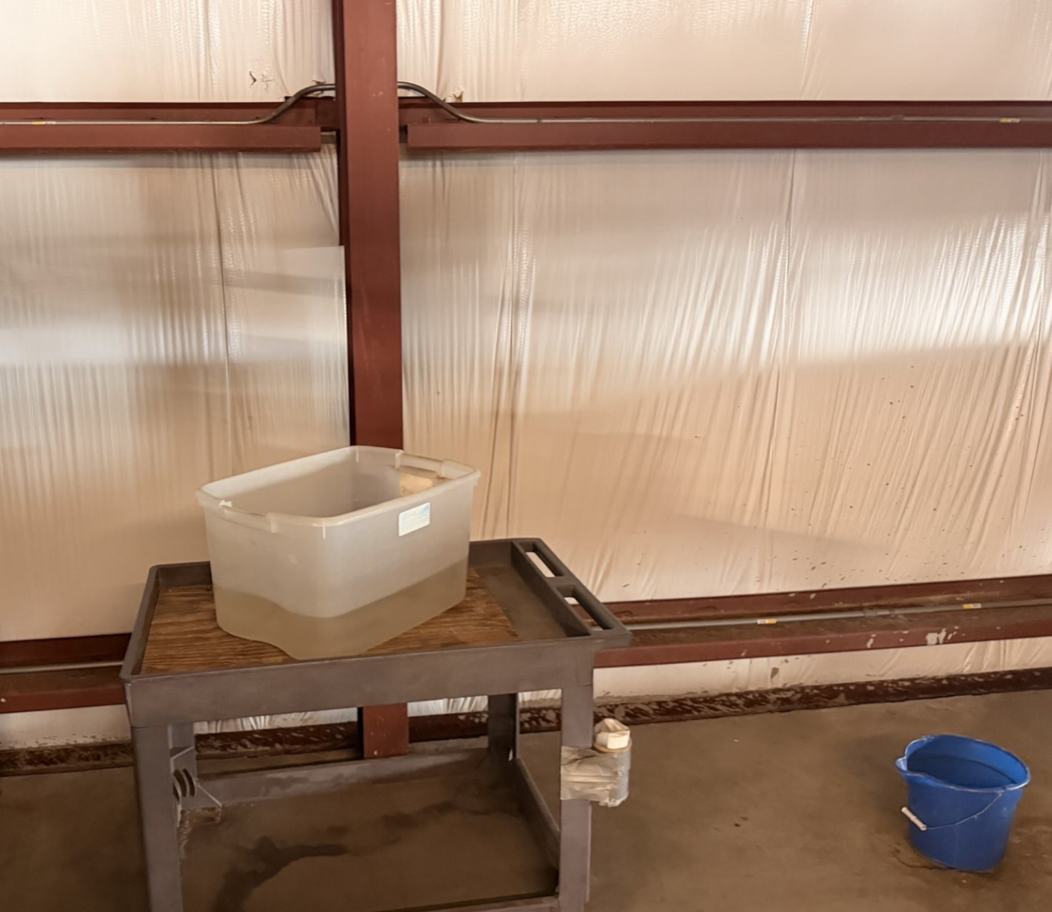 Bucket of water from commercial roof leak,