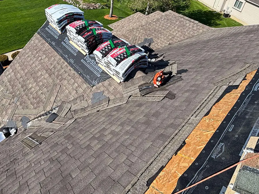 View of a home's roof during a new roof replacement. Roof was replaced by a Grand Blanc Michigan roofing contractor based in Flint.
