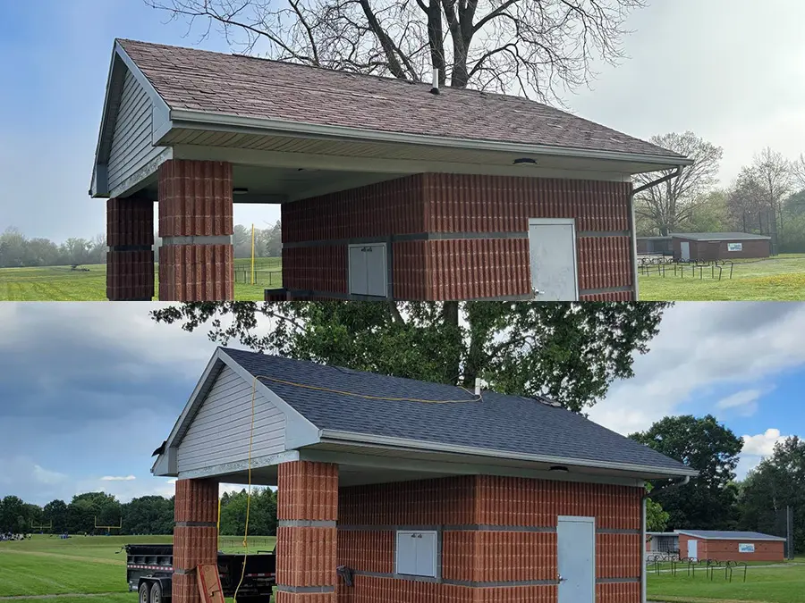 View of a commercial utility building's roof before and after a new commercial roof was replaced by a Grand Blanc Michigan roofing contractor based in Flint.