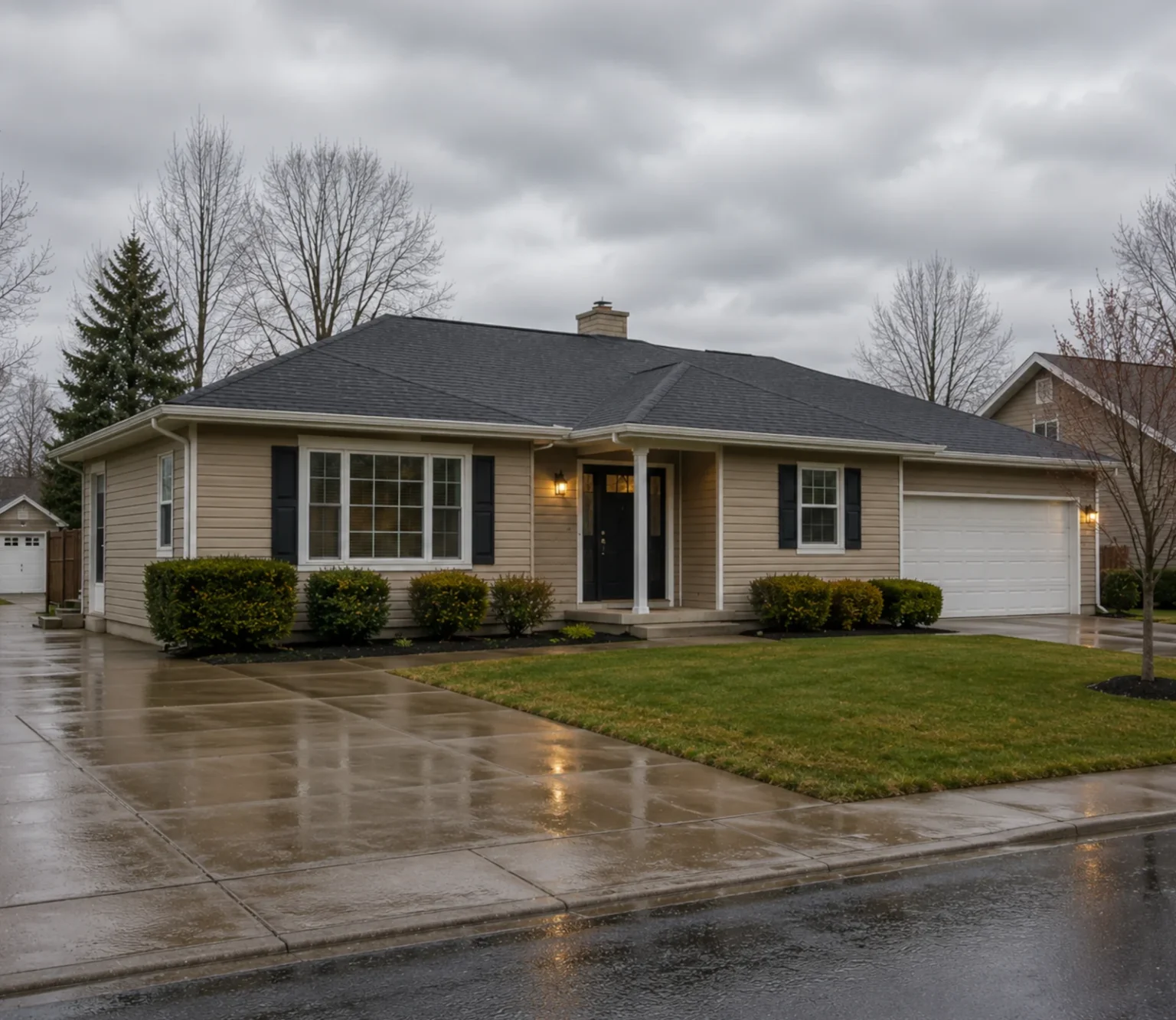 Single-story Grand Blanc home with a new architectural shingle roof after a spring rain