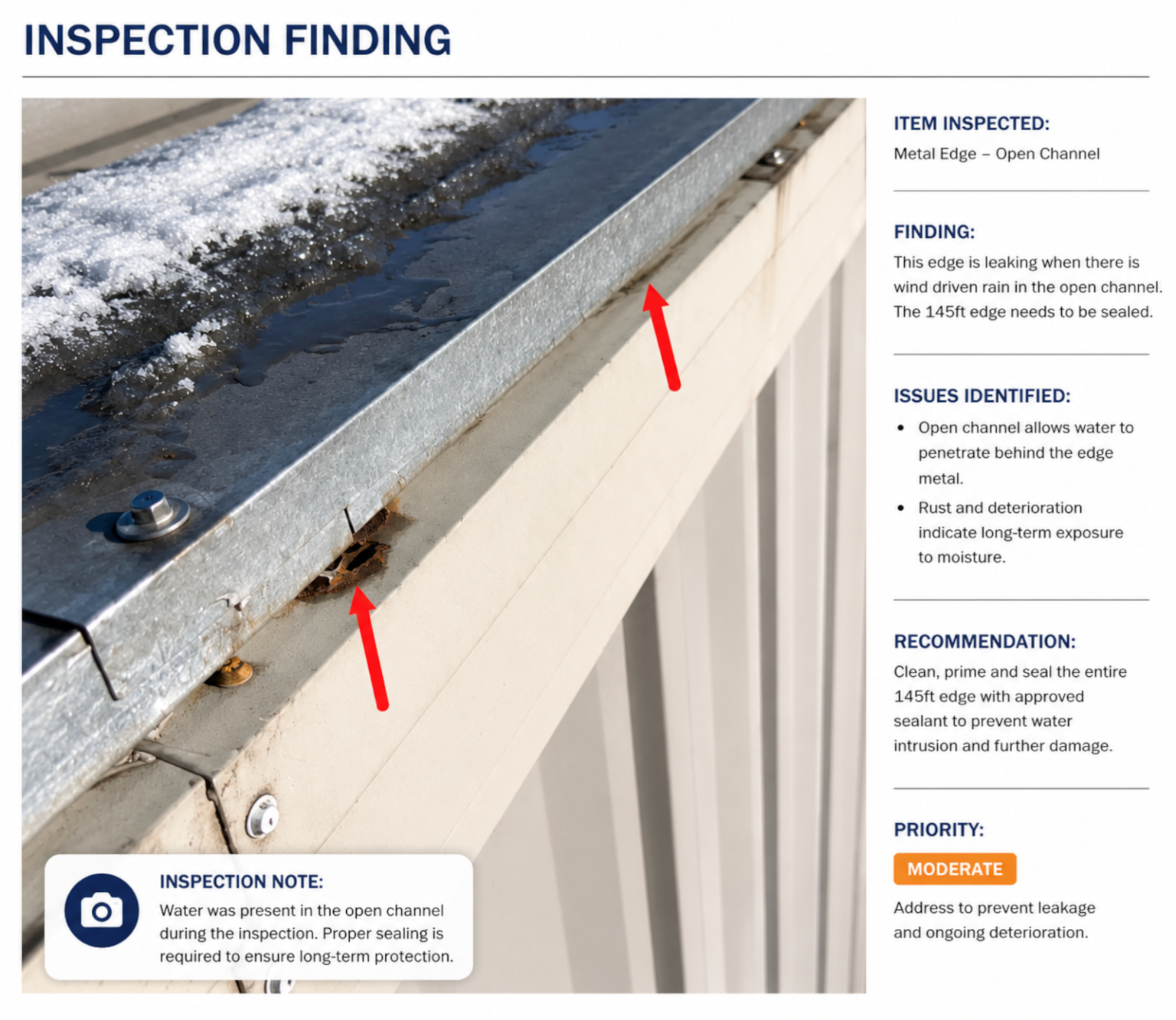 Roof inspection documentation of commercial flat roof edge metal.
