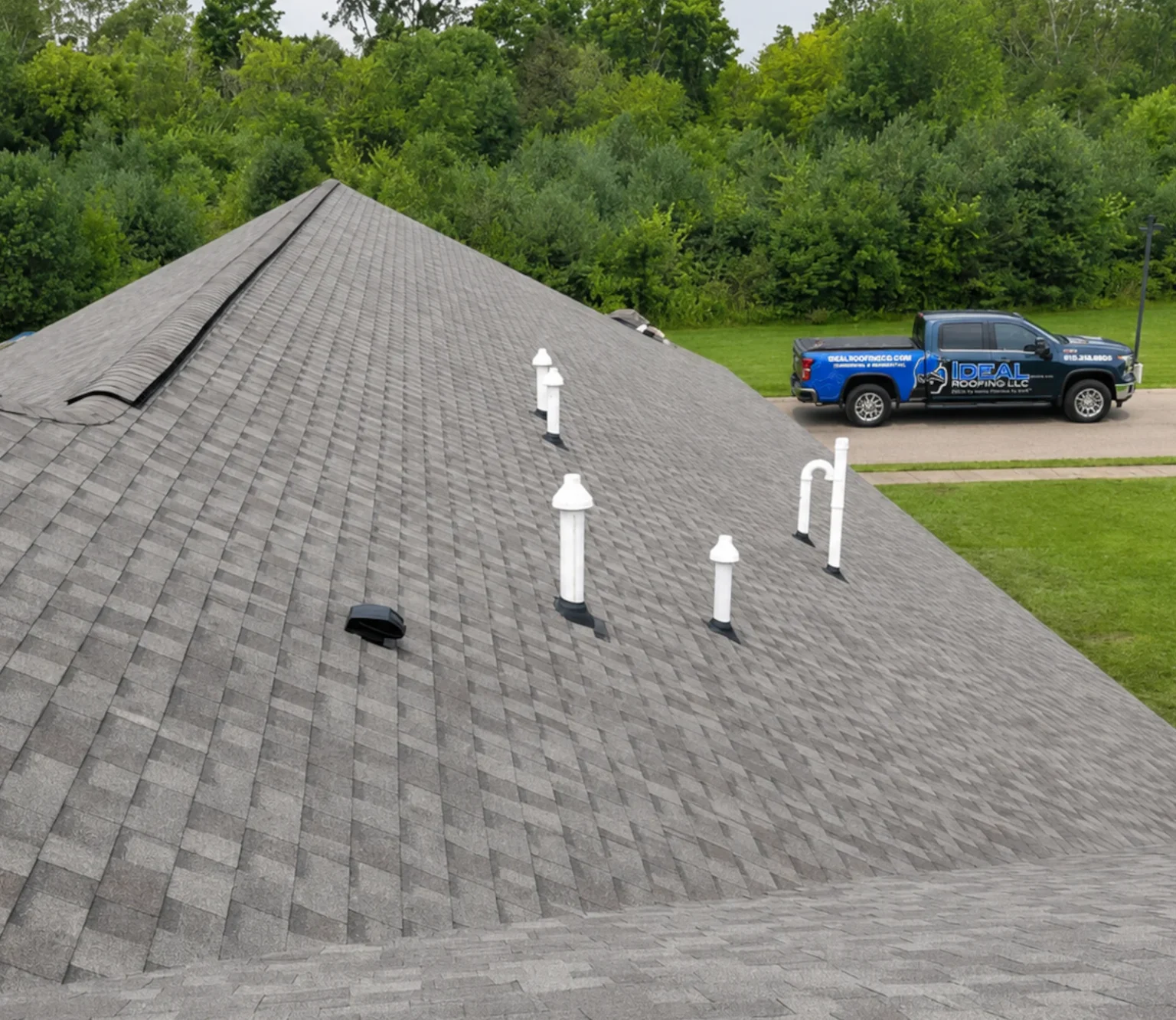 New gray asphalt shingles on roof of Davison Michigan Senior Center.