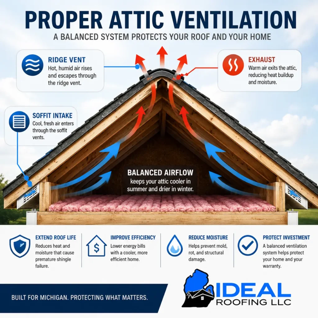 Proper attic ventilation system showing soffit intake and ridge vent airflow protecting a Michigan roof from heat damage and ice dams.
