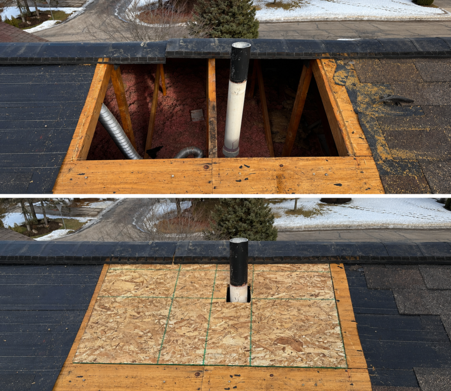 Residential roof repair before and after replacing rotted roof decking around a plumbing vent.