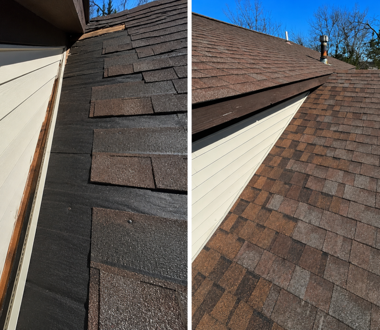 Residential roof repair before and after replacing step flashing and wall flashing where the roof meets the siding.
