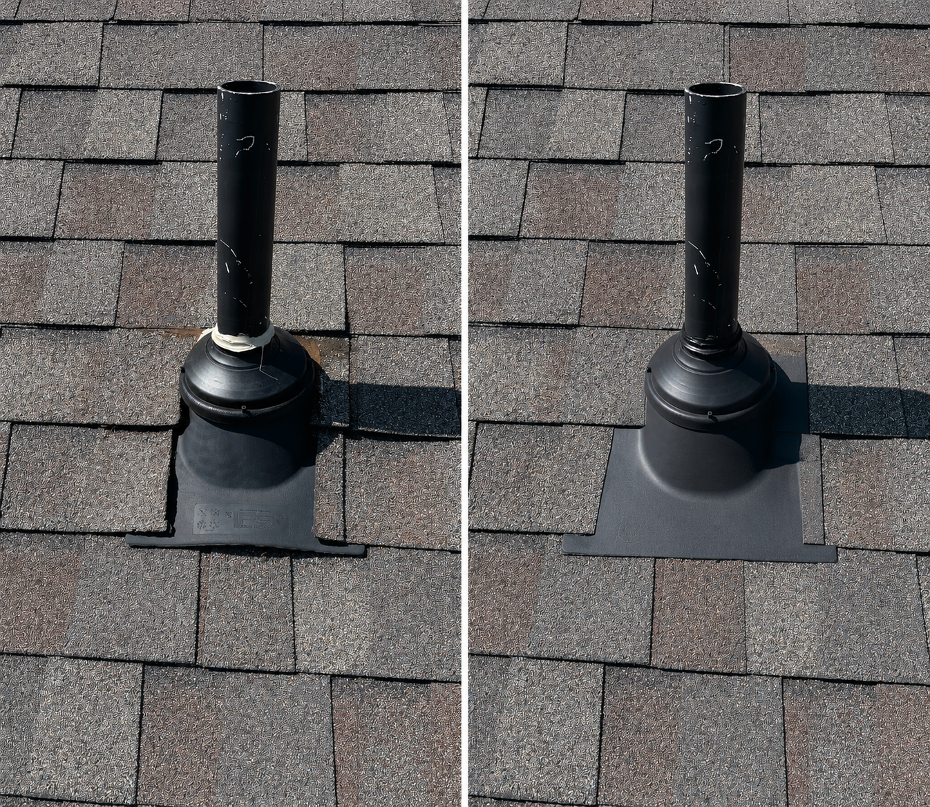 Residential roof repair before and after replacing a cracked plumbing vent pipe boot to prevent roof leaks.