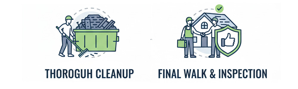 two icons showing thorough cleanup and final walk & inspection is what you get from Ideal Roofing.