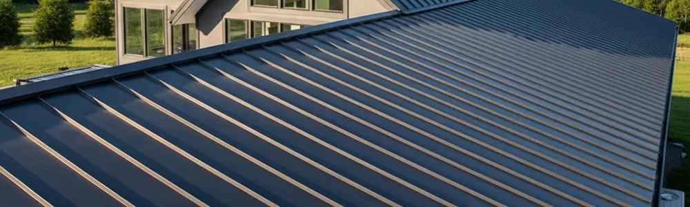 A top view of a new standing seam metal roofing installed by Ideal Roofing in Flint after providing their residential roof replacements service to a homeowner.