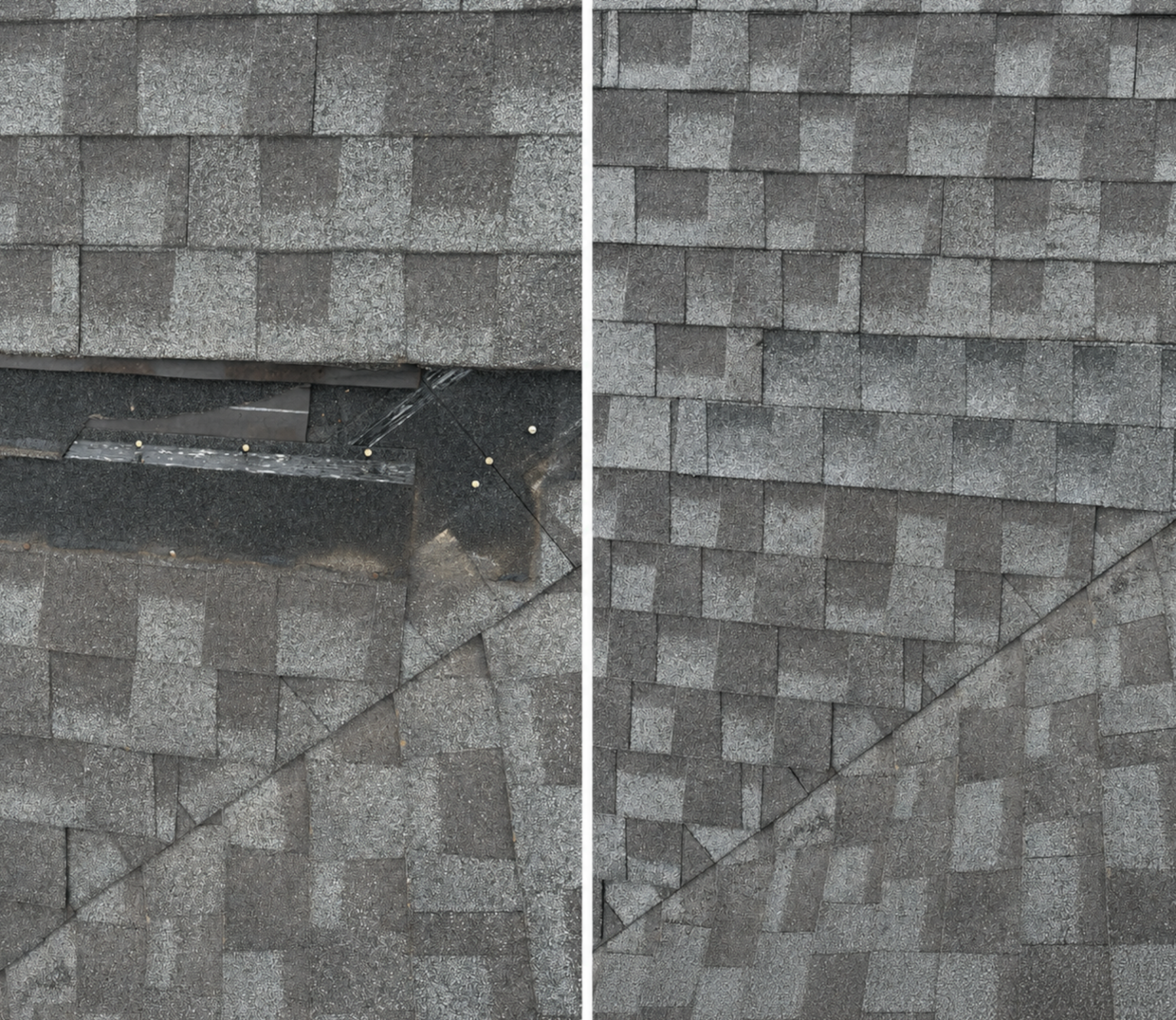 Residential roof repair before and after replacing missing shingles beside a roof valley to restore weather protection and prevent leaks.