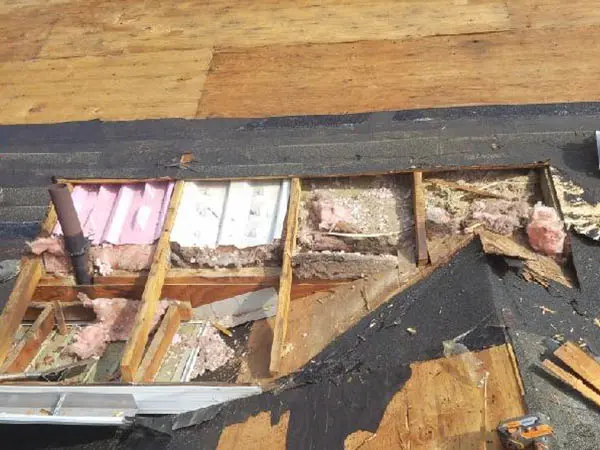 Ideal Roofing LLC removed water damaged and rotten roof decking boards during roof repair services in Michigan.